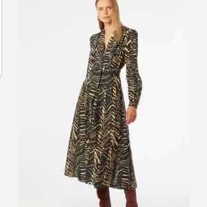 Marie Oliver Lillian Cotton-Silk Twill Belted Midi Dress Animal Stripe Size 16